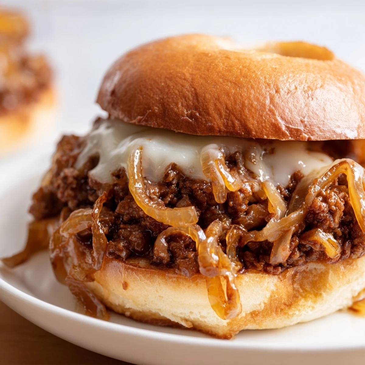 Savory French onion beef sloppy jores oozing with melted Swiss cheese on soft golden hamburger buns