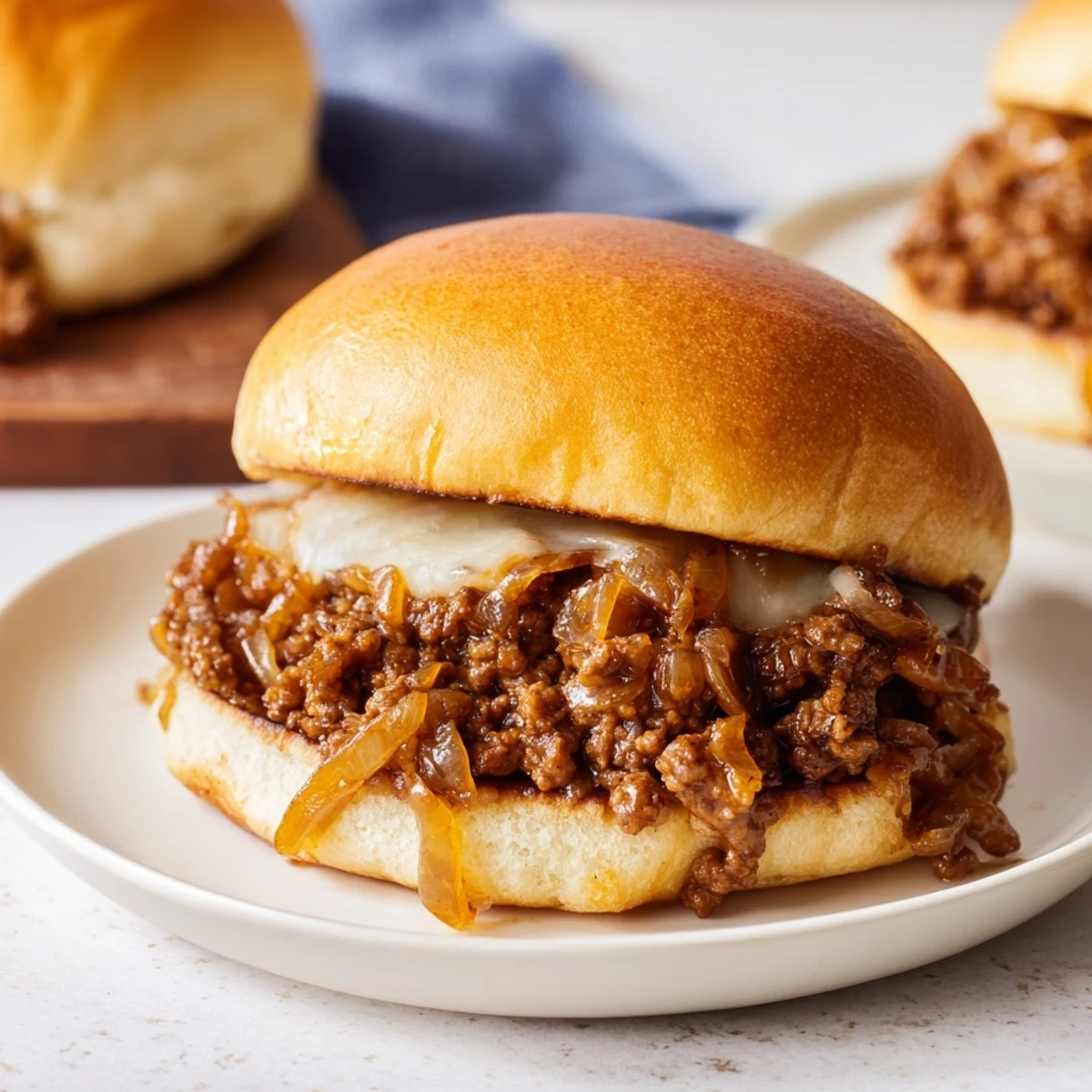 Rich beef and caramelized onion mixture topped with bubbly Gruyère on a toasted brioche bun sandwich