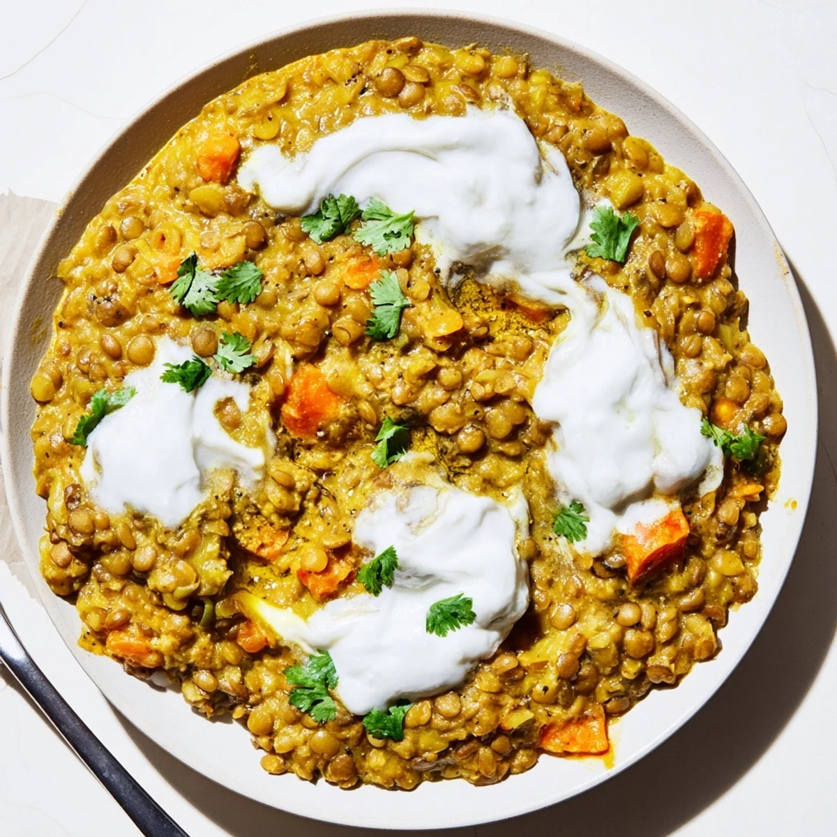 Creamy Greek yogurt lentil curry bowl topped with fresh cilantro and served over fluffy white rice