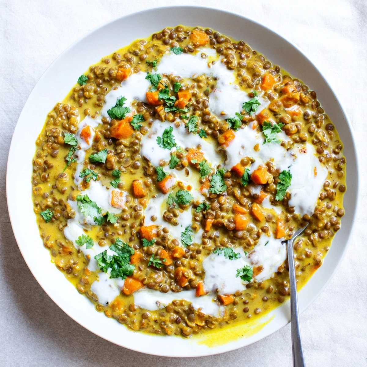 Golden protein-rich Greek yogurt lentil curry simmered with aromatic spices and garnished with bright herbs