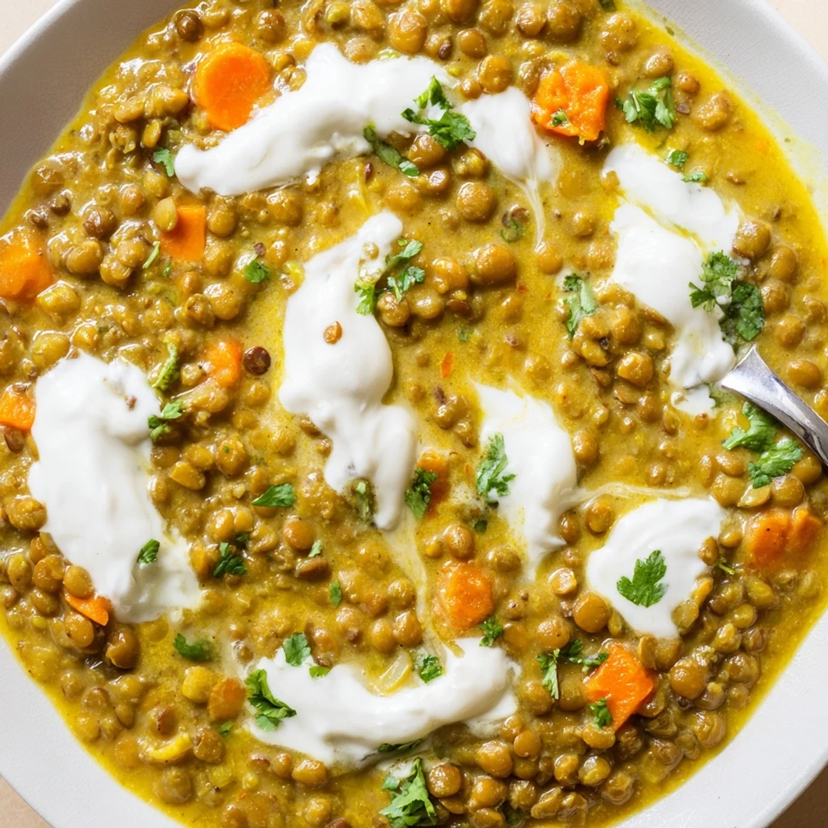 Velvety Greek yogurt lentil curry plated with naan bread featuring a vibrant orange spiced lentil base