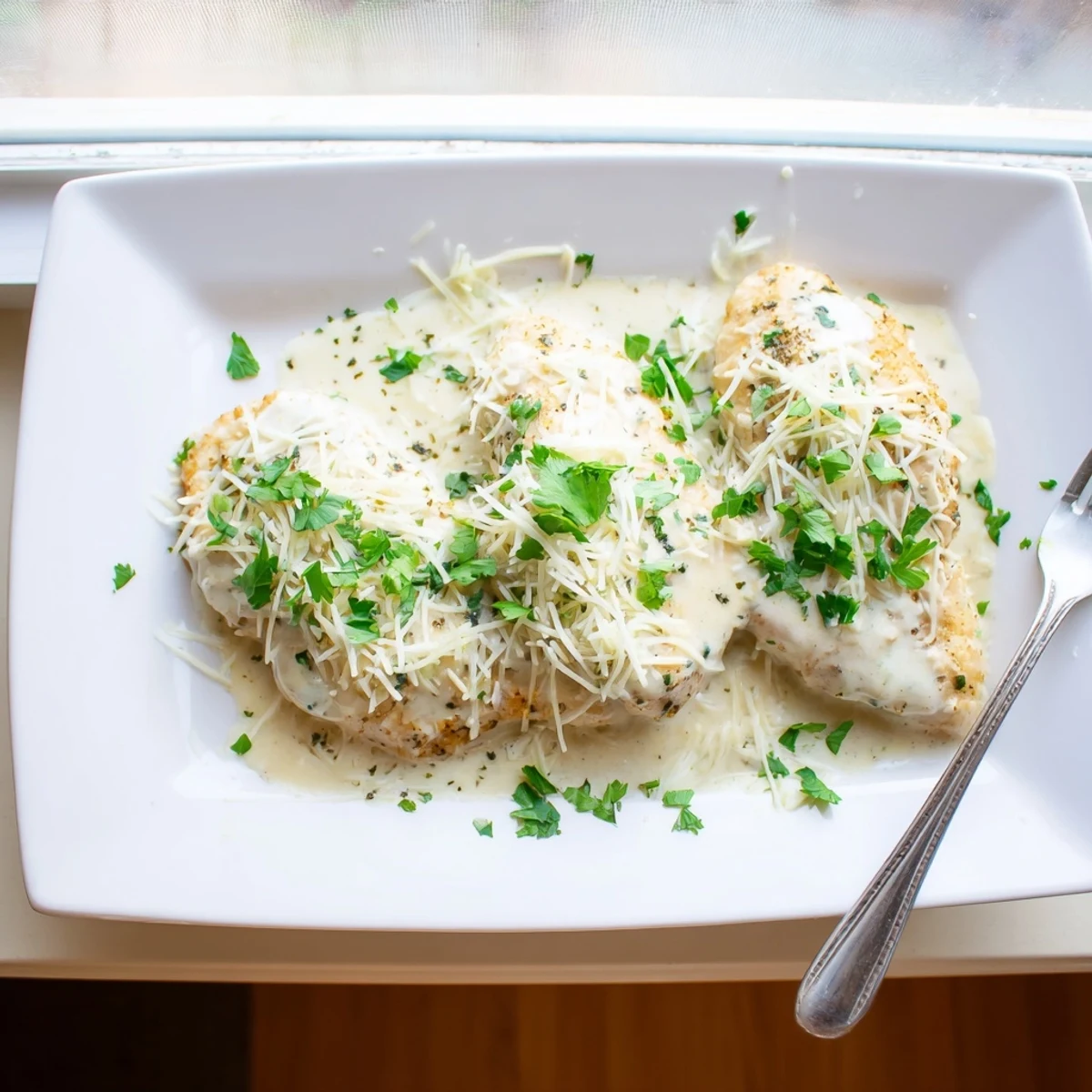 Creamy Caesar chicken breasts bubbling with parmesan sauce in a baking dish