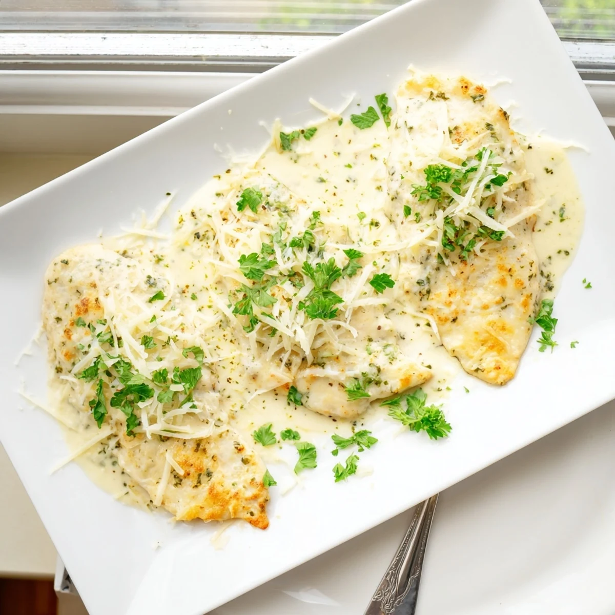 Tender baked chicken with savory Caesar parmesan crust and golden cheese topping