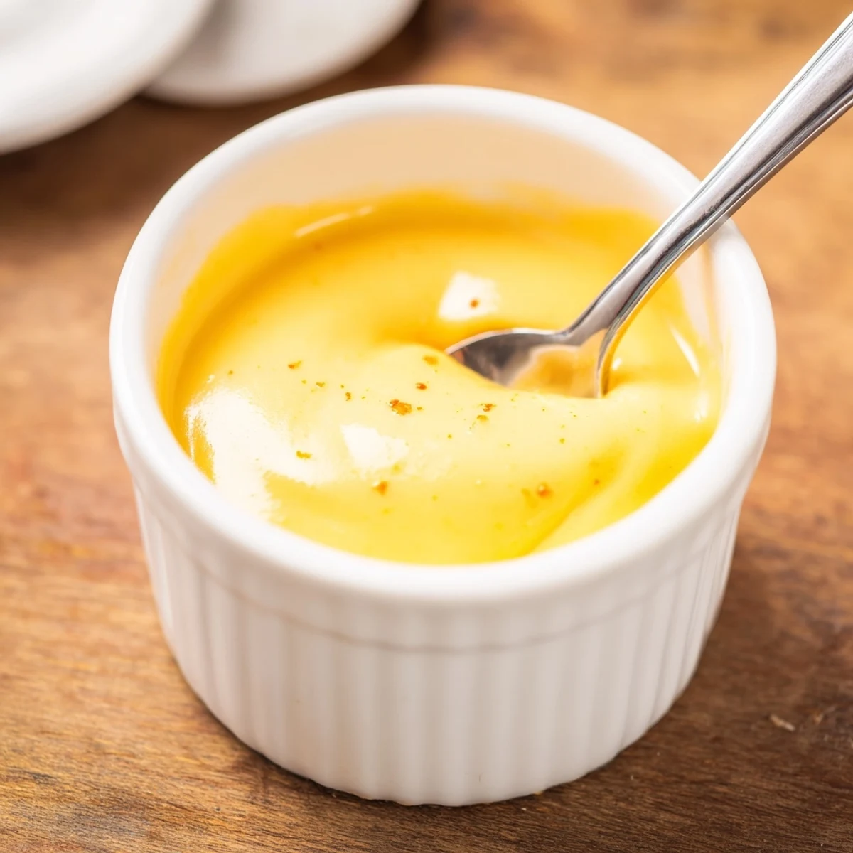 Creamy cheddar cheese sauce for fries in a white ramekin with sprinkled paprika on top