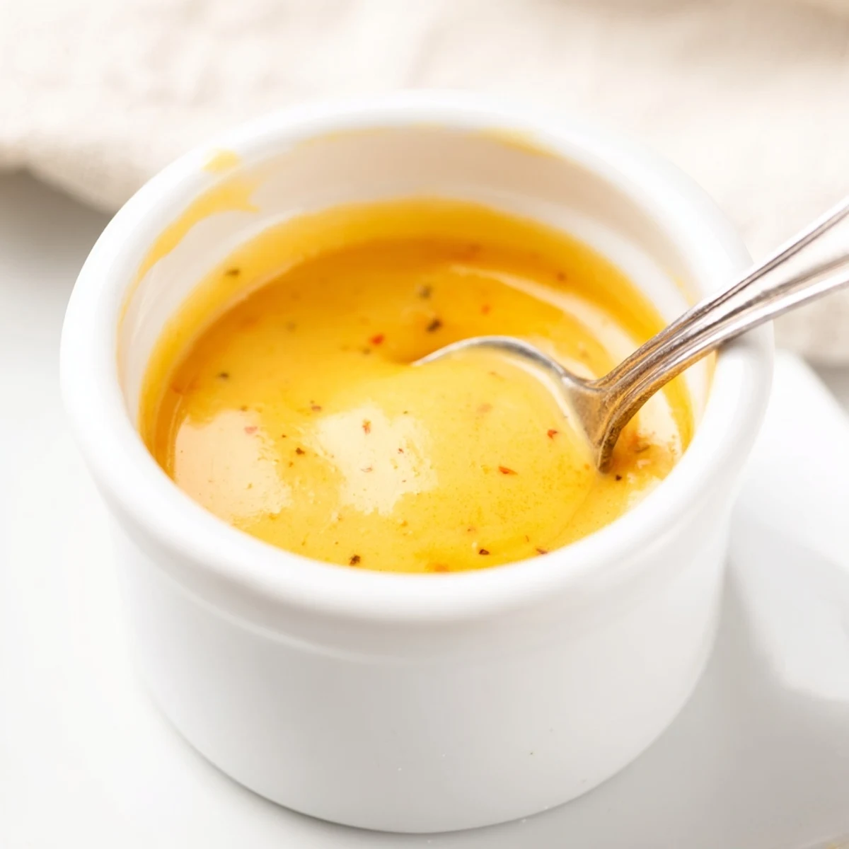 Golden homemade cheese sauce for fries drizzled generously over crispy golden french fries