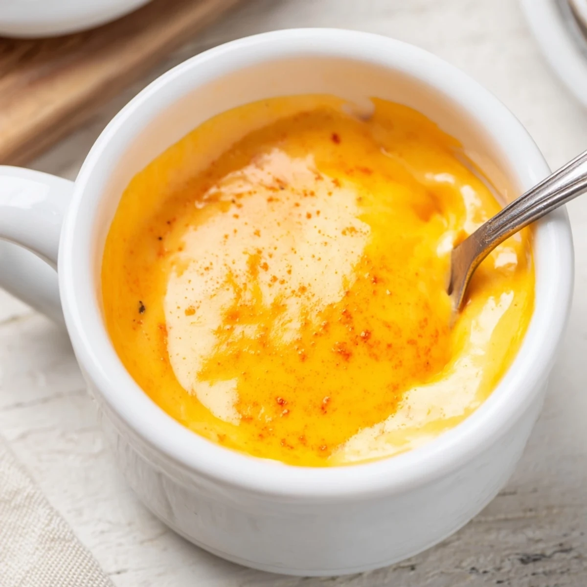 Smooth melted cheese sauce for fries being poured from a saucepan onto a plate of fries