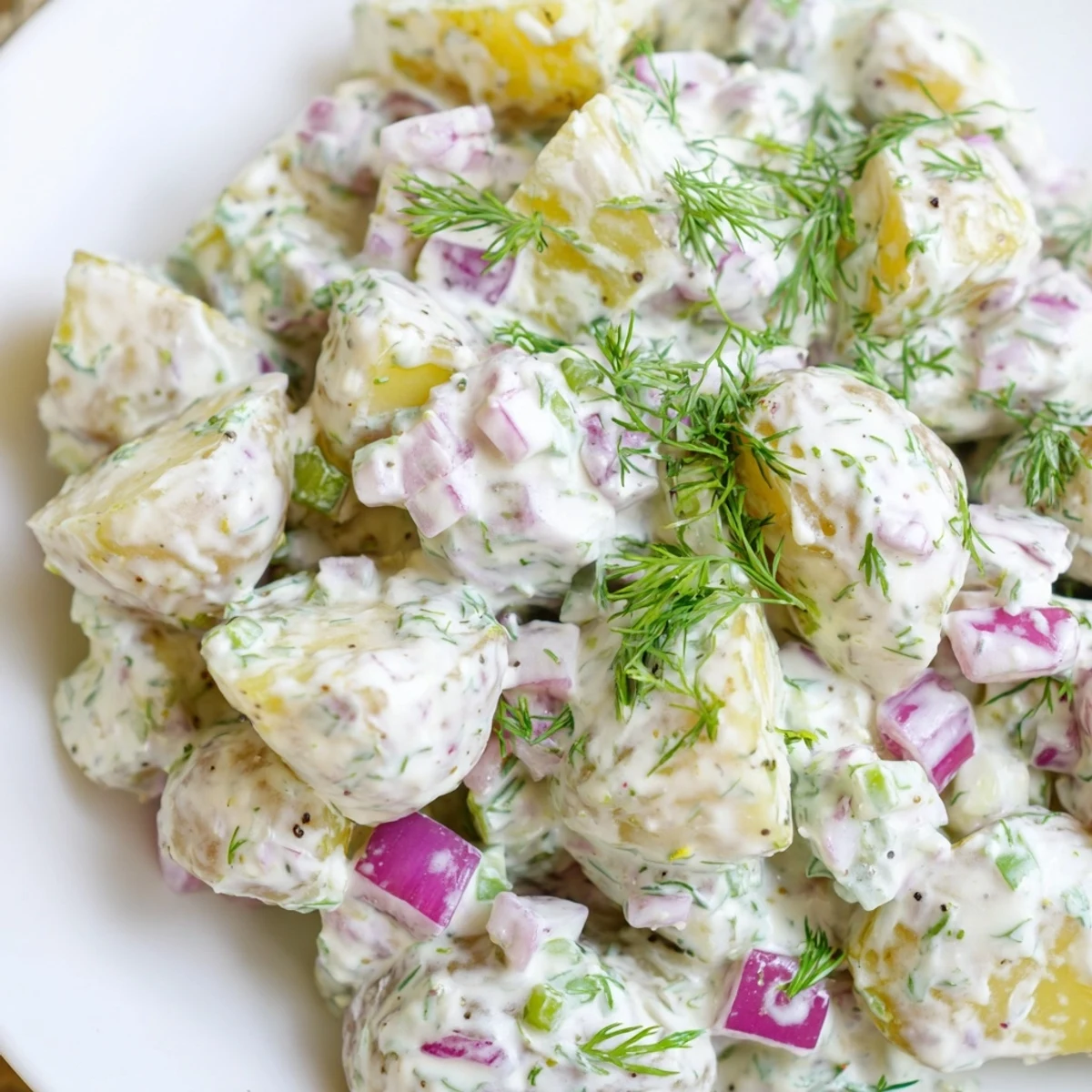 Creamy Greek yogurt potato salad loaded with fresh dill, crisp red onion, and celery