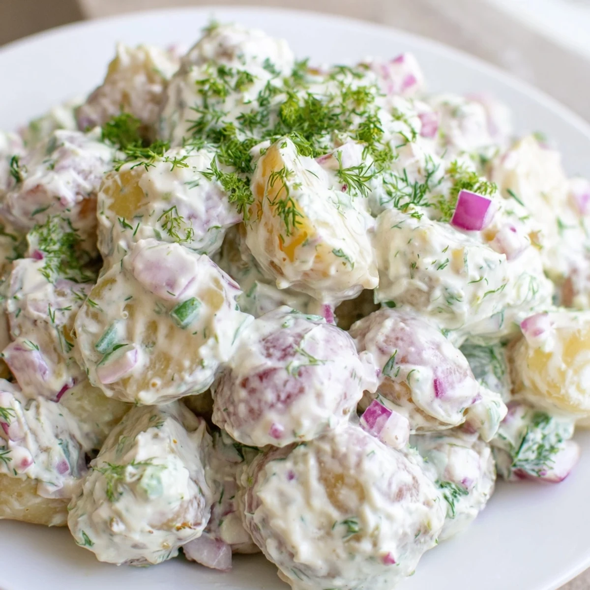 Golden potato pieces coated in Greek yogurt dressing with fresh parsley and crunchy celery