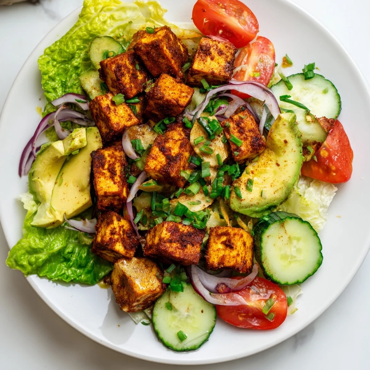 Summer smoky tofu lettuce tomato salad featuring warm spiced tofu over fresh crisp vegetables