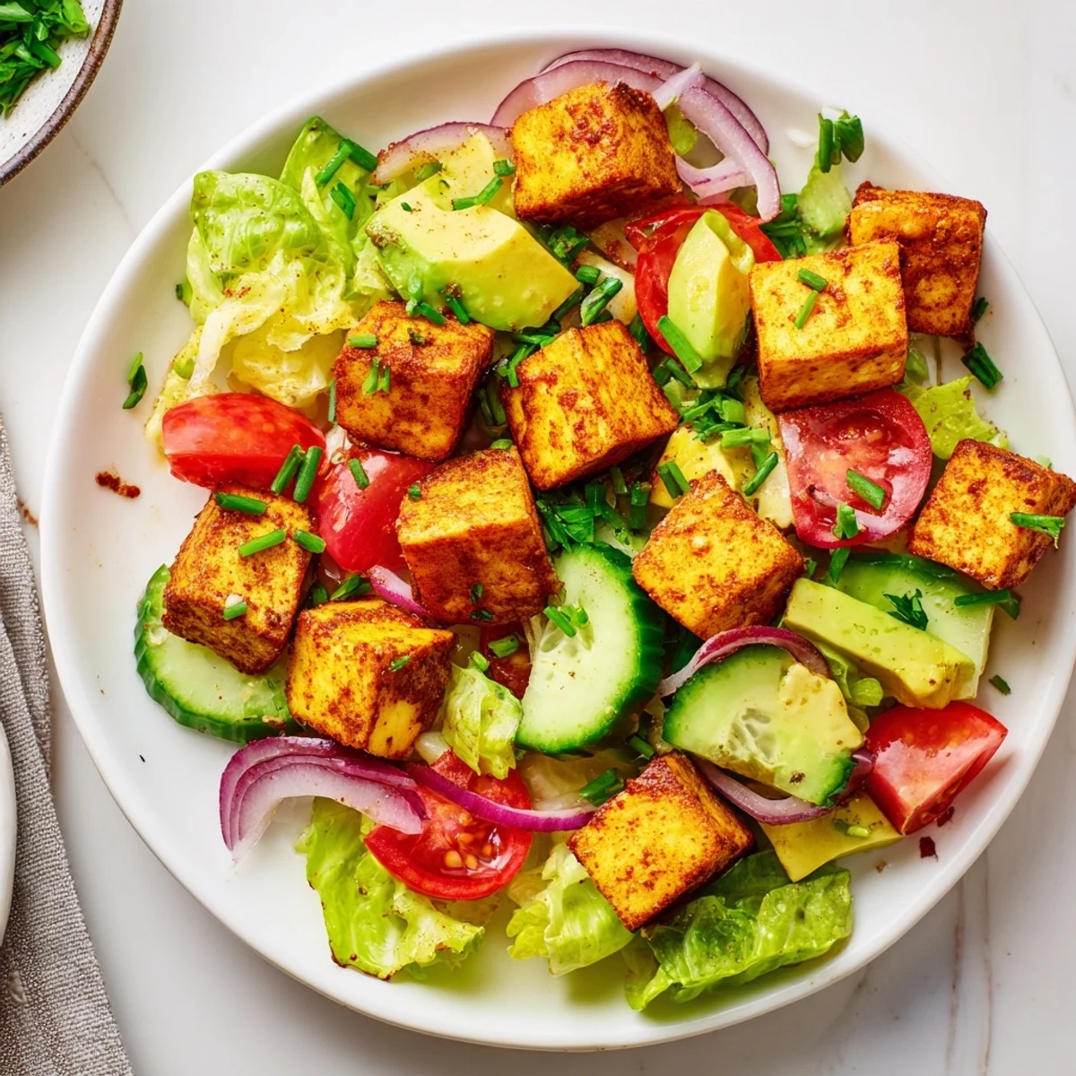 Golden smoky tofu cubes atop crisp lettuce and juicy ripe tomatoes in a vibrant summer bowl