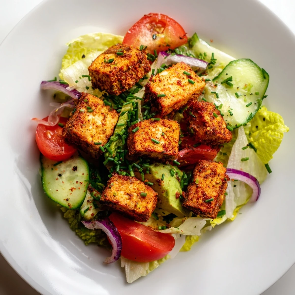 Light summer salad with smoky pan-fried tofu, crunchy romaine lettuce, and bright red tomato slices