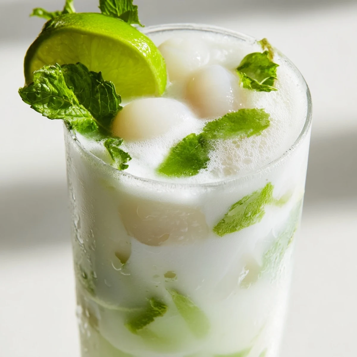 Creamy coconut lychee iced drink served in tall glasses with ice cubes and fresh mint garnish