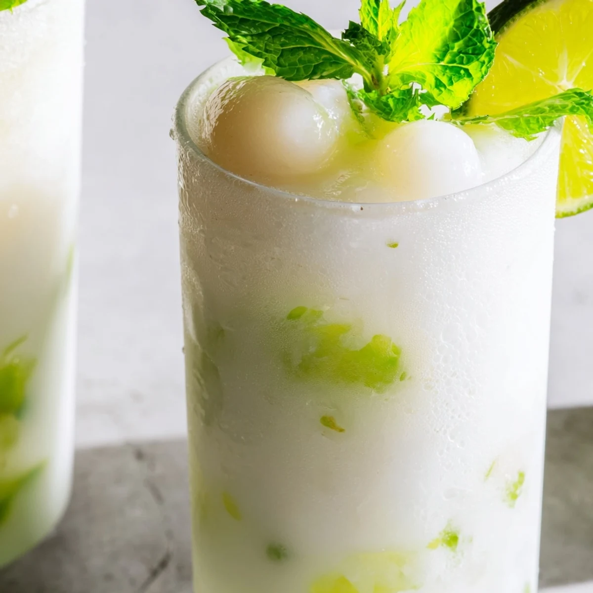 Tropical coconut lychee iced drink featuring frothy white coconut milk blended with sweet lychee fruit