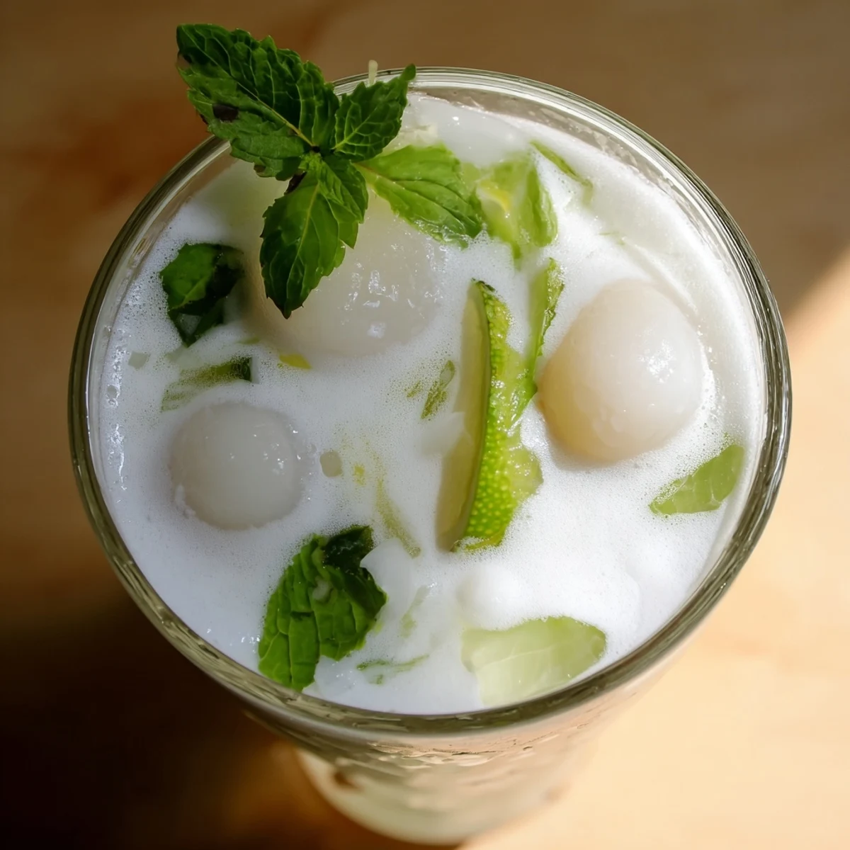 Refreshing coconut lychee iced drink poured over crushed ice with lime wedge and whole lychee garnish
