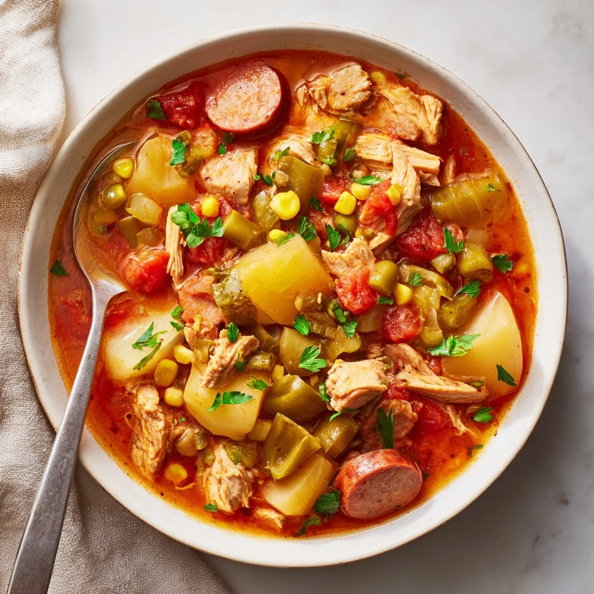 Hearty Brunswick Stew simmering with shredded chicken pork sausage vegetables in rich tomato broth