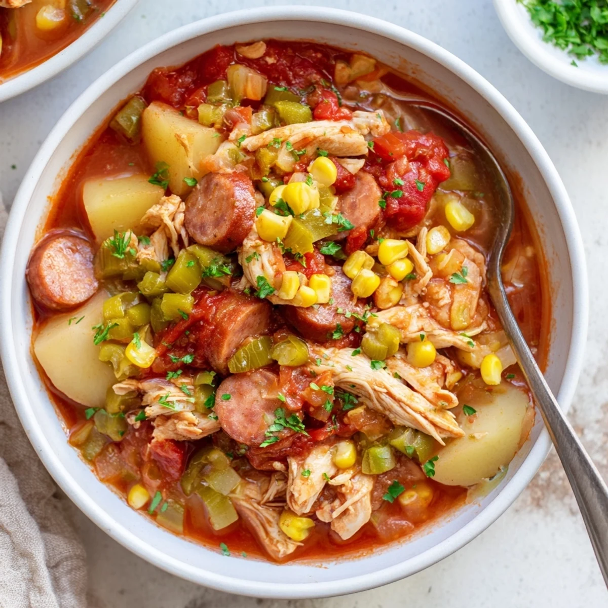 Golden red Brunswick Stew featuring tender meats corn lima beans and potatoes in thick sauce