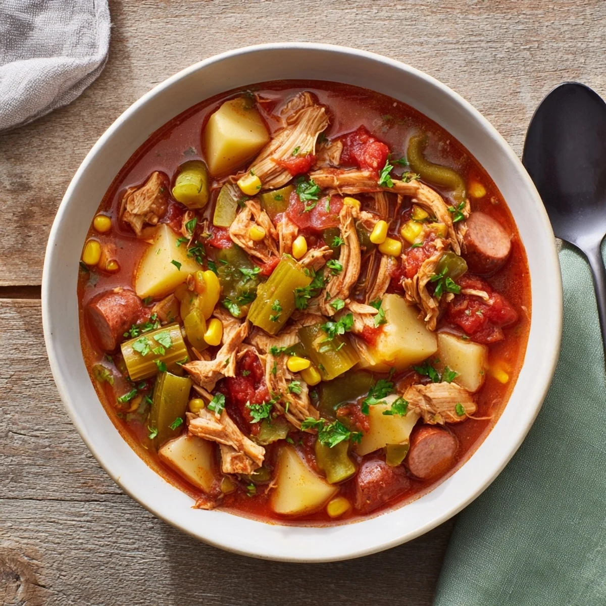 Steaming bowl of Southern Brunswick Stew topped with fresh parsley served alongside cornbread
