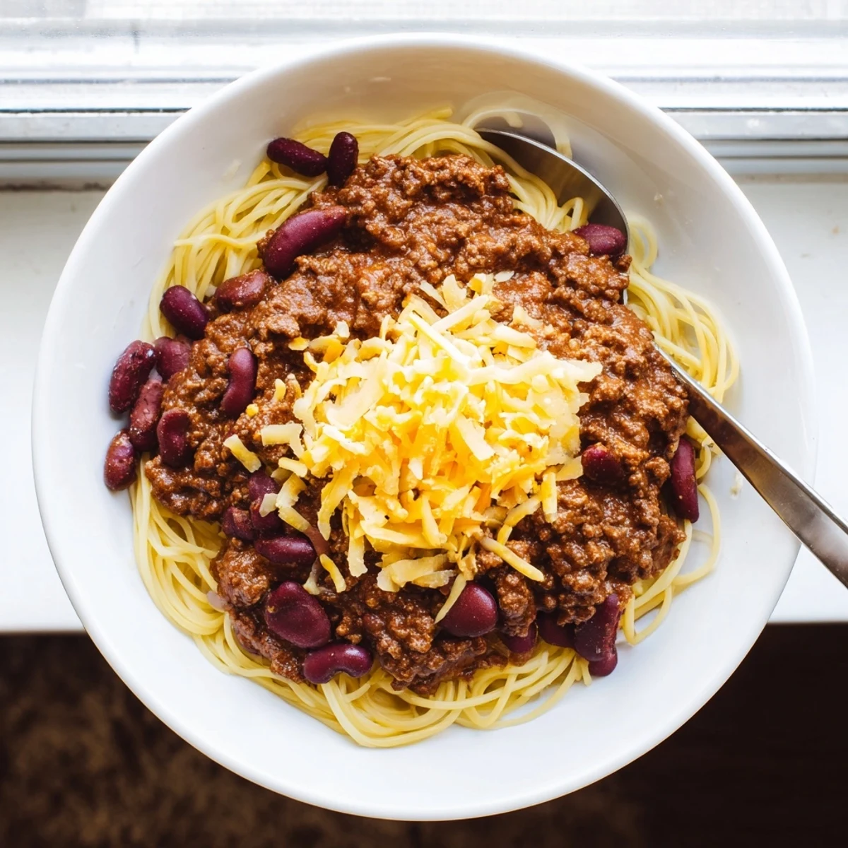Bowl of Cincinnati Chili layered spaghetti and meat sauce with kidney beans and cheddar