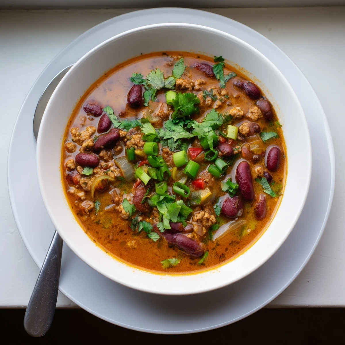 Steamy bowl of turkey pumpkin chili garnished with fresh cilantro and melted cheese