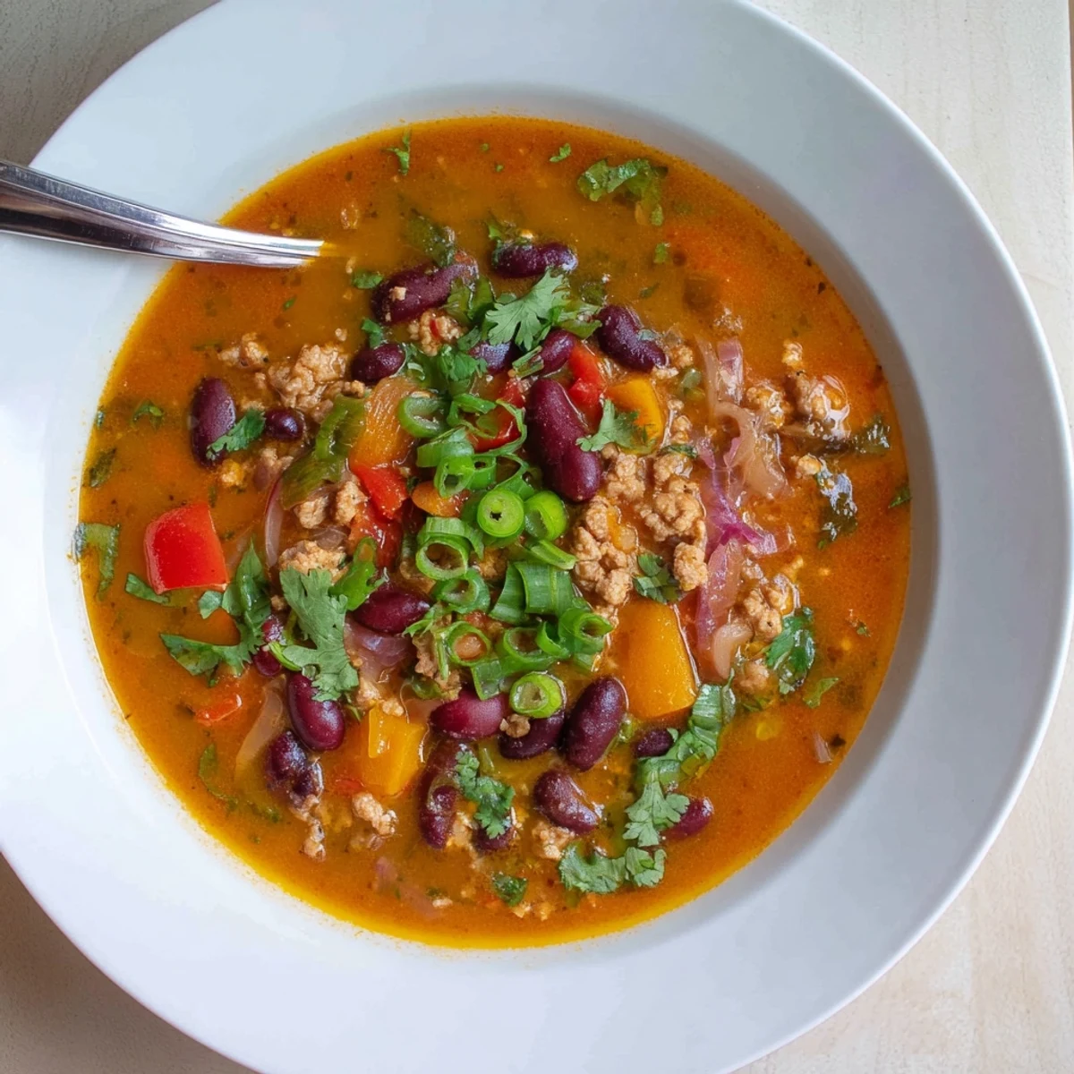 Hearty turkey pumpkin chili with beans served in a white ceramic soup bowl
