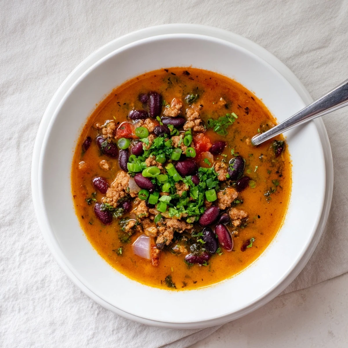 Rustic turkey pumpkin chili simmering in a Dutch oven with colorful vegetables visible