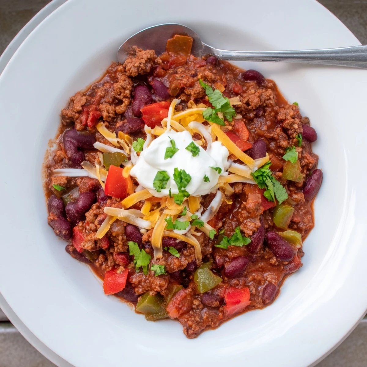 Hearty chili con carne simmering in a cast iron pot with vibrant red kidney beans