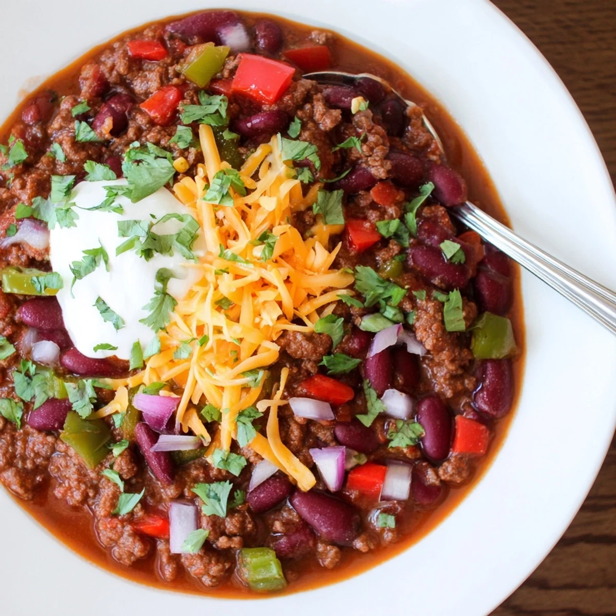 Steamy bowl of chili con carne topped with melted cheddar cheese and fresh cilantro
