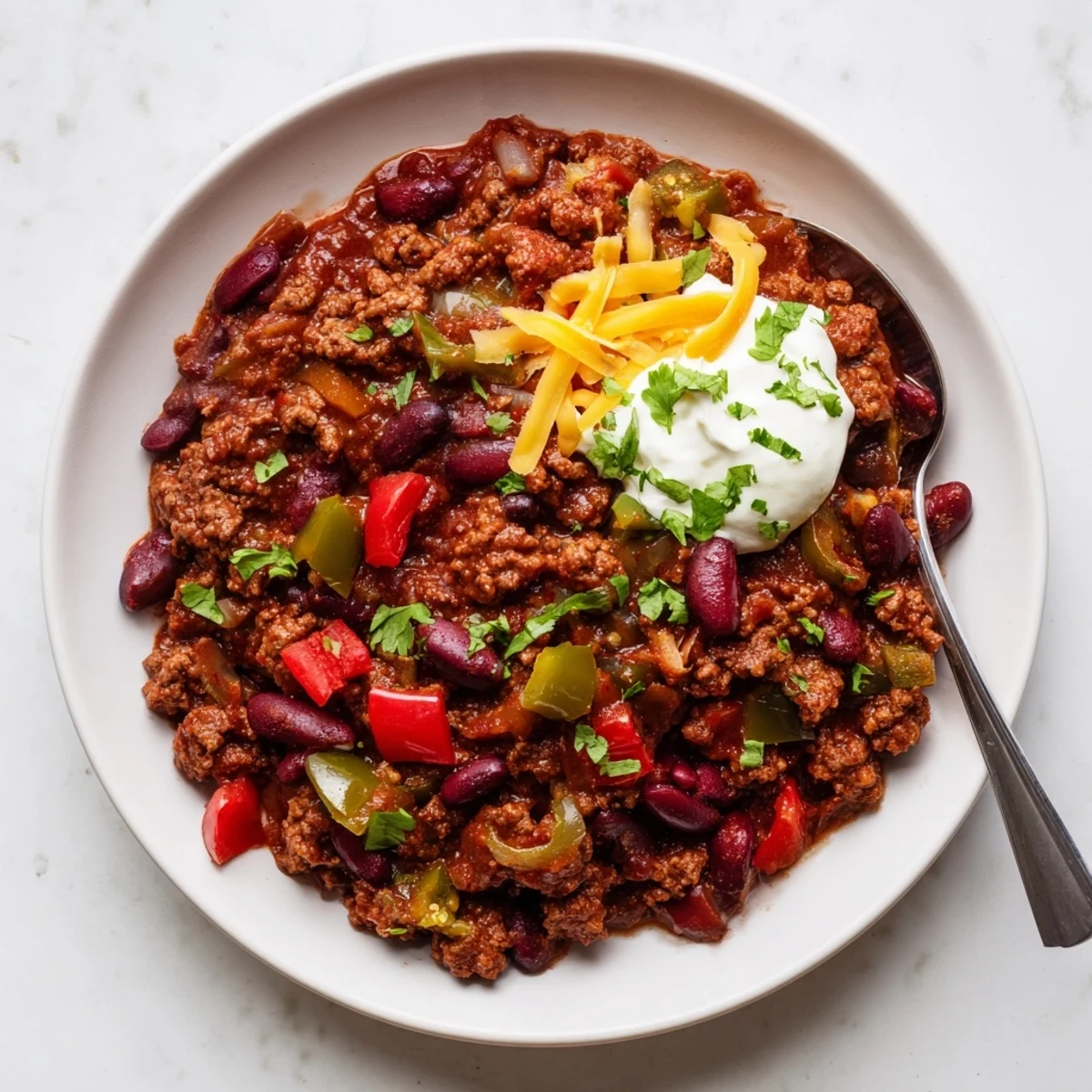 Spoonful of rich chili con carne featuring tender ground beef and colorful bell peppers