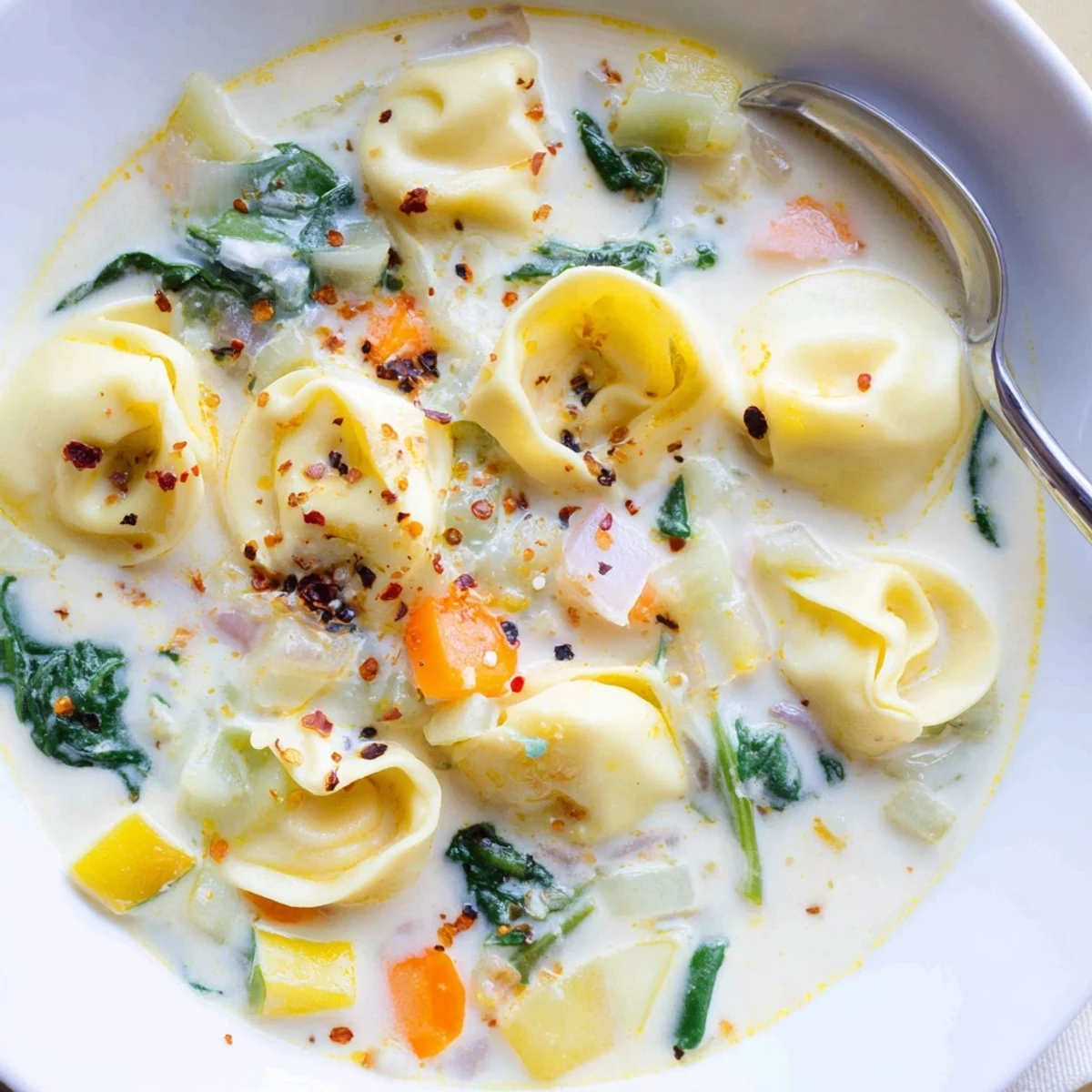 Creamy Instant Pot tortellini soup with cheese-filled pasta floating in a rich, golden broth flecked with wilted spinach and grated Parmesan.