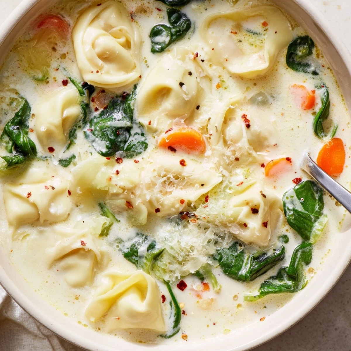 Comforting bowl of Instant Pot creamy tortellini soup featuring tender vegetables and chewy cheese pasta in a velvety white broth.