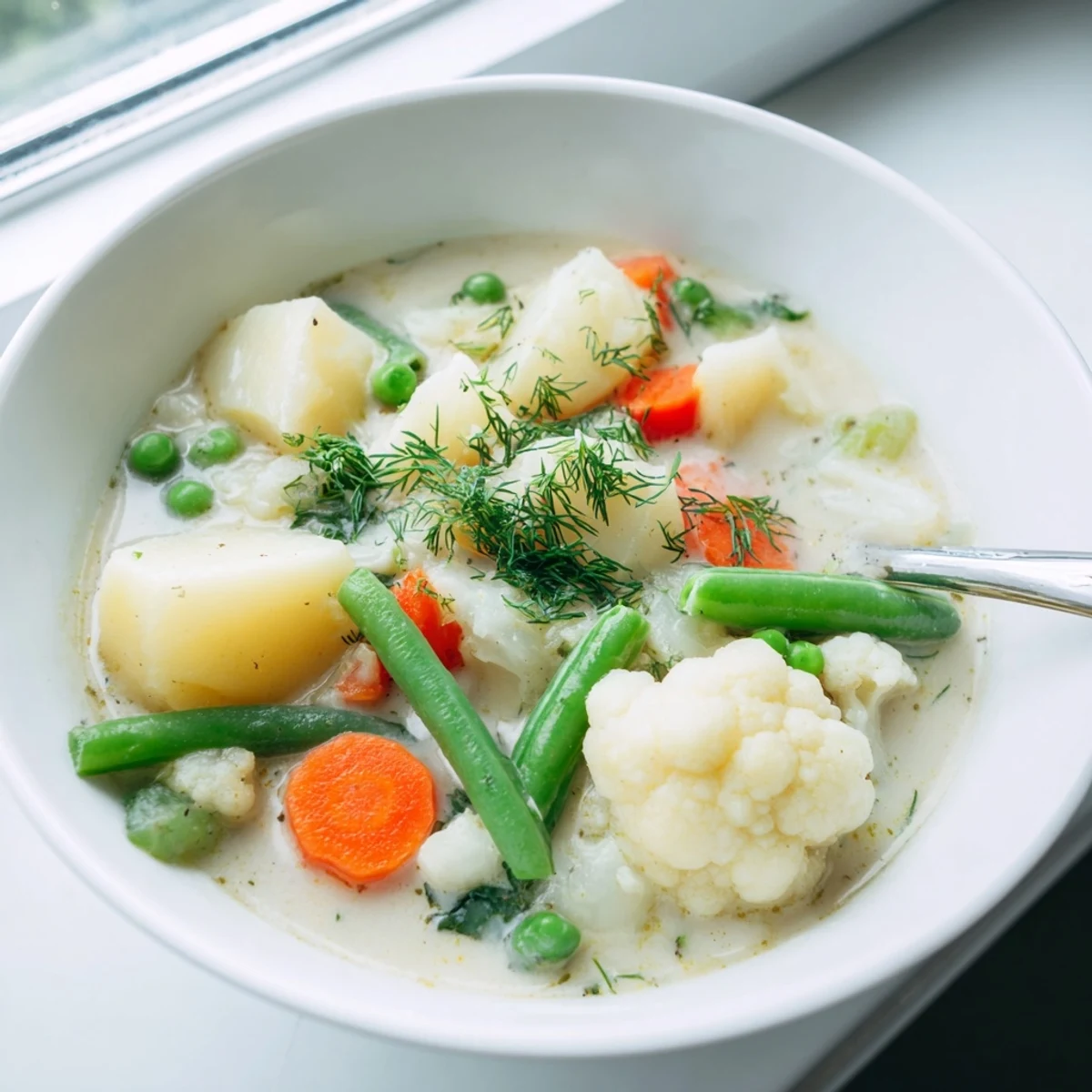 Creamy Finnish Kesäkeitto soup bowl showcasing colorful summer vegetables swimming in rich white broth