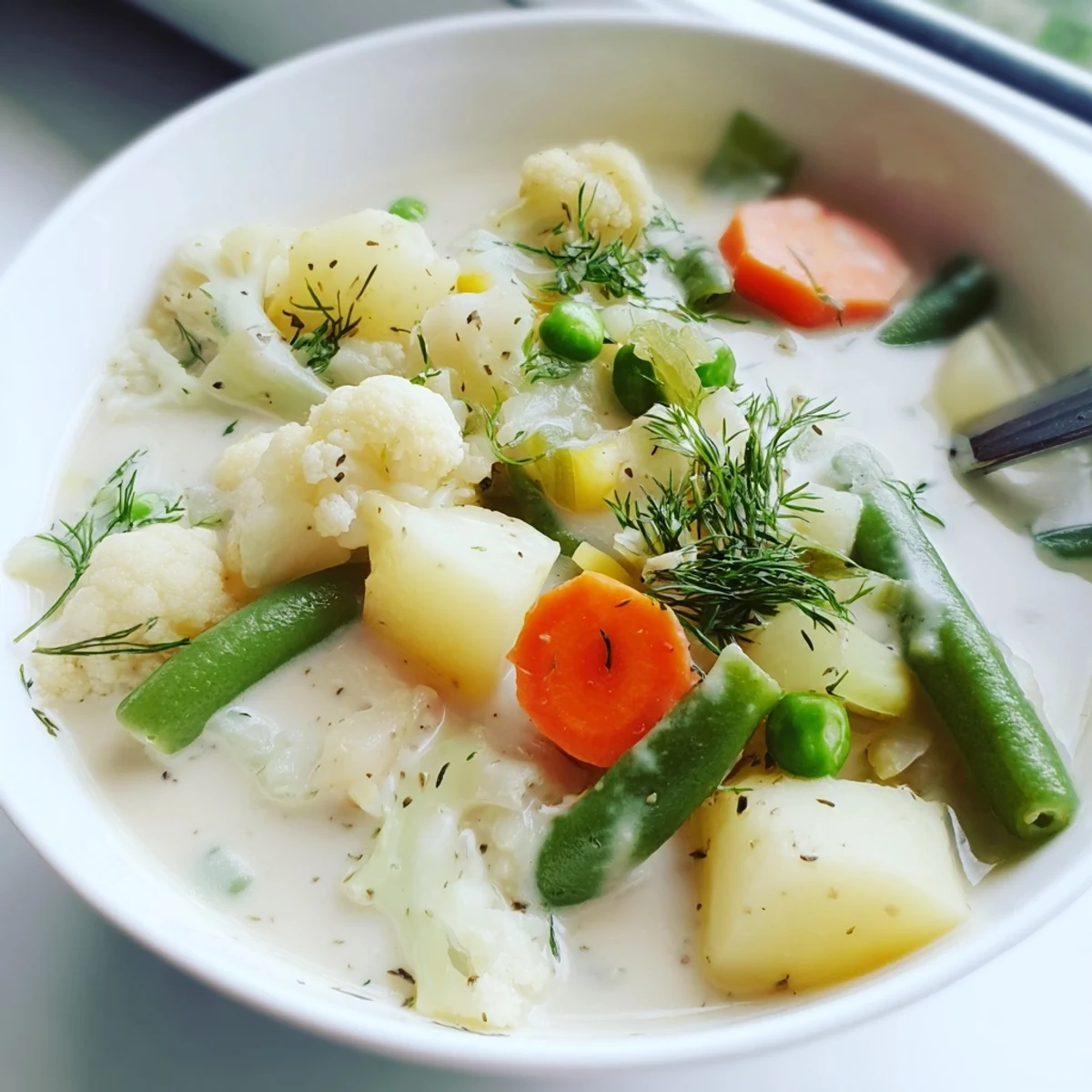 Golden Finnish Kesäkeitto served with fresh dill garnish and tender potato carrot medley