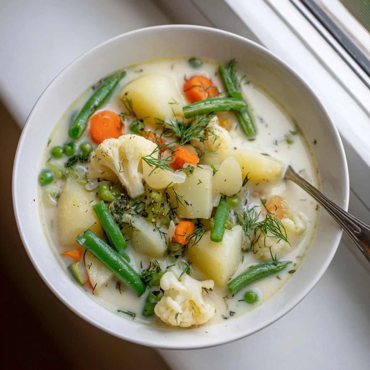 Light summer Finnish Kesäkeitto featuring green peas cauliflower florets in velvety cream soup