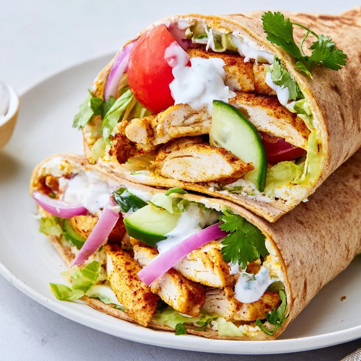 Golden crispy cottage cheese flatbread wrapped around seasoned grilled chicken with fresh lettuce tomato and avocado slices