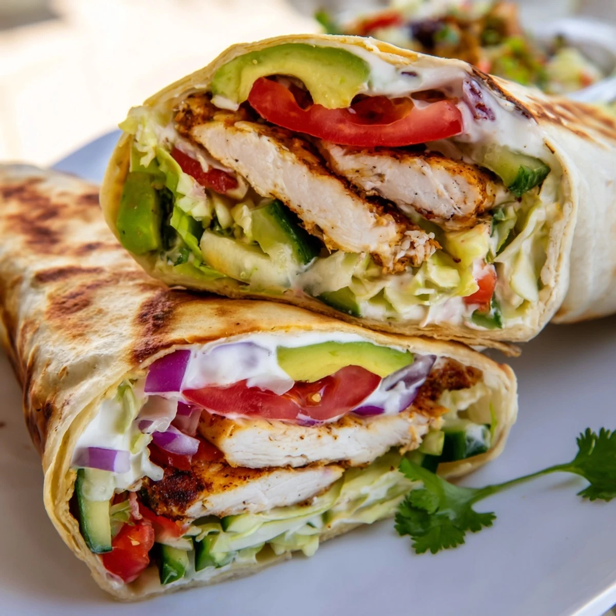 High protein crispy cottage cheese flatbread chicken wraps overflowing with colorful vegetables and creamy Greek yogurt dressing