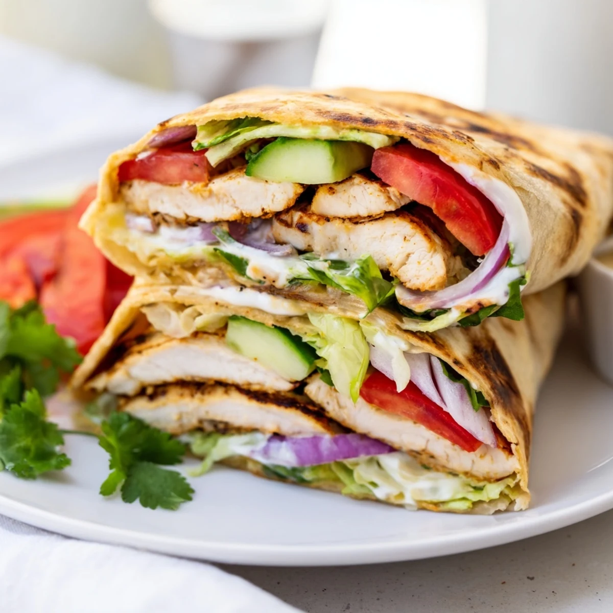 Protein-packed chicken wraps featuring homemade crispy cottage cheese flatbread filled with grilled meat and vibrant crunchy veggies