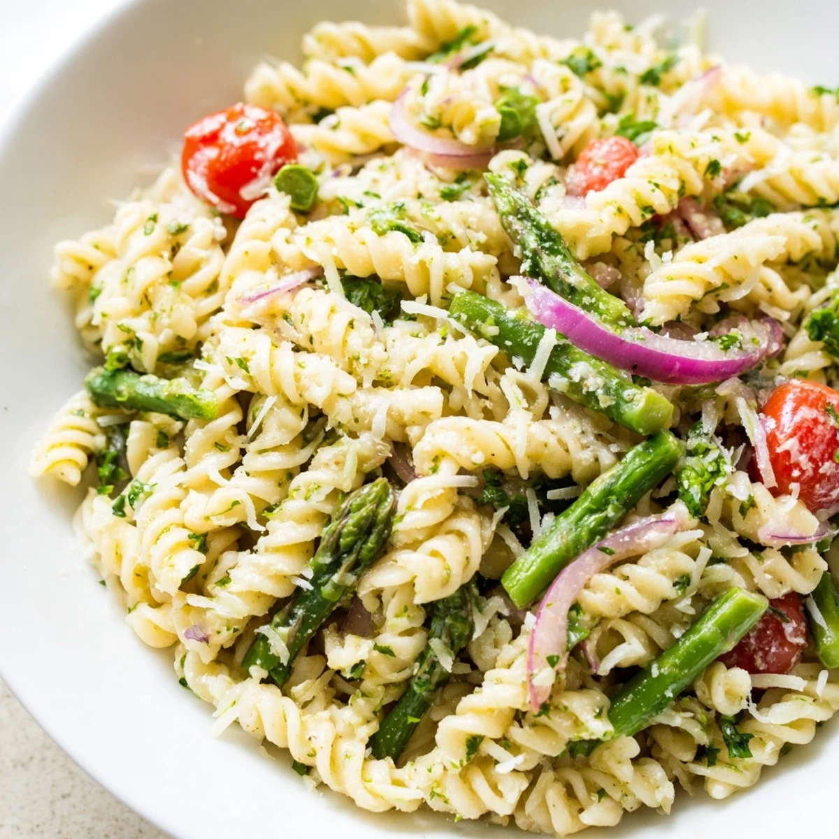 Colorful lemon asparagus pasta salad featuring bright green asparagus spears and al dente pasta on a wooden table