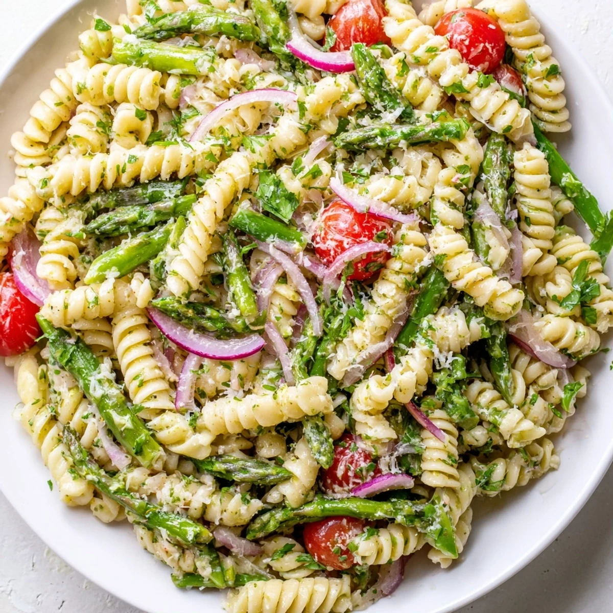 Fresh lemon asparagus pasta salad tossed with cherry tomatoes and red onion in a large white bowl