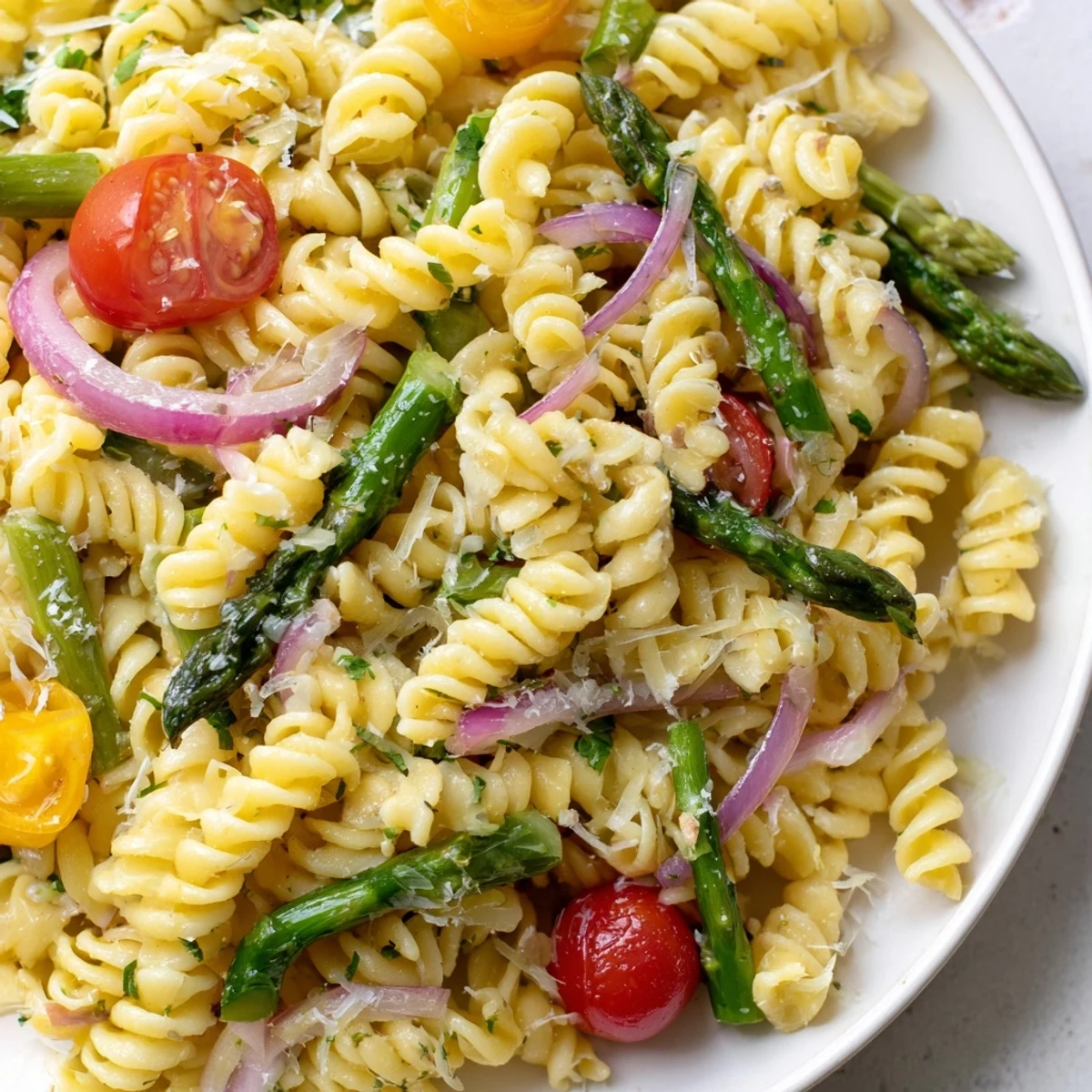 Zesty lemon asparagus pasta salad garnished with fresh parsley and parmesan for a light summer meal