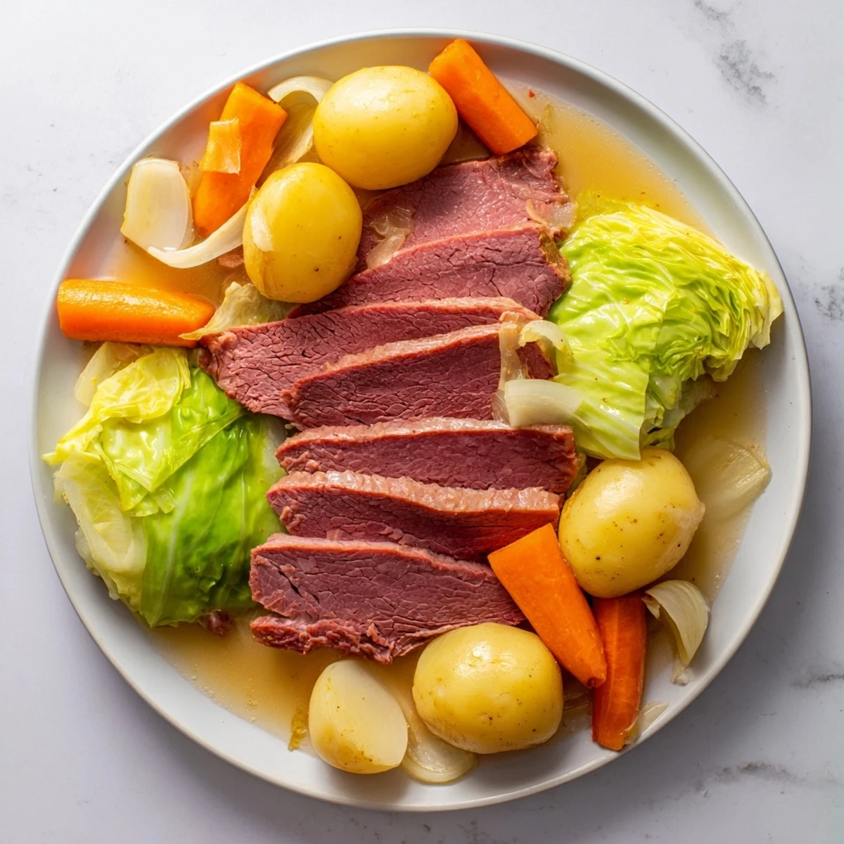 Tender corned beef brisket with cabbage, potatoes, and carrots in a slow cooker
