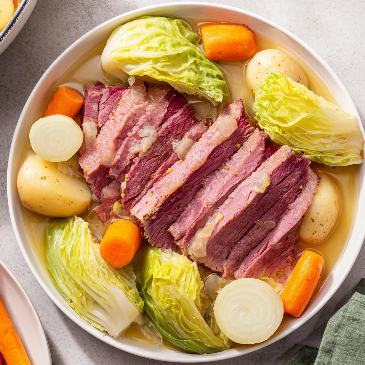 Sliced corned beef served with hearty vegetables and broth for a comforting Irish-American meal