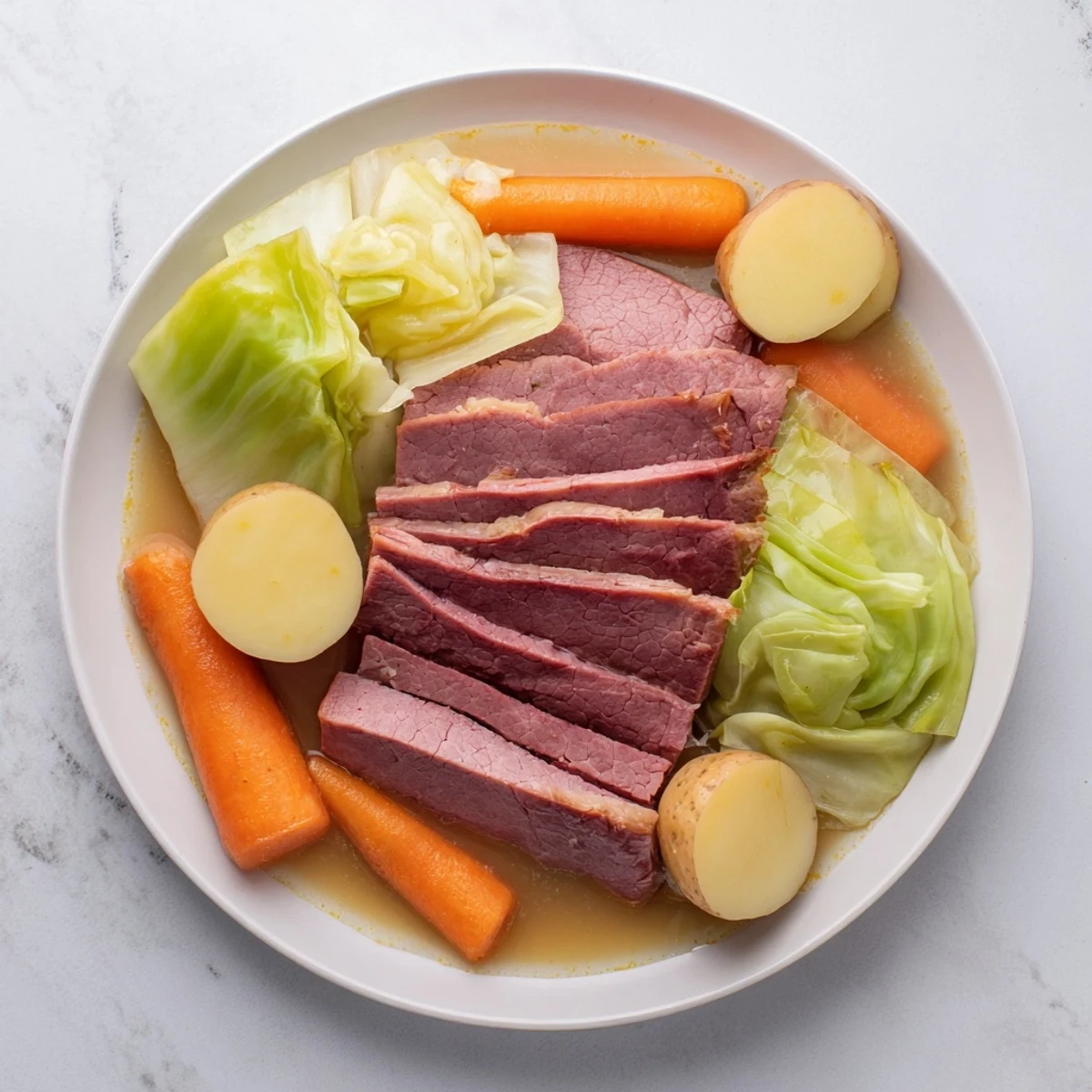Fork-tender brisket nestled alongside golden potatoes, carrots, and green cabbage wedges in a rich broth