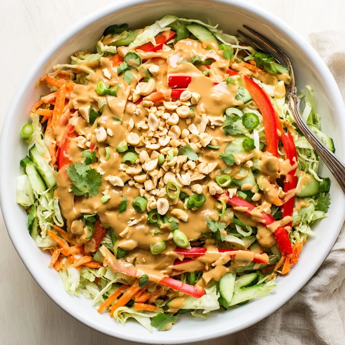 Fresh cabbage and carrots in simple Thai salad peanut sauce topped with vibrant cilantro and roasted peanuts