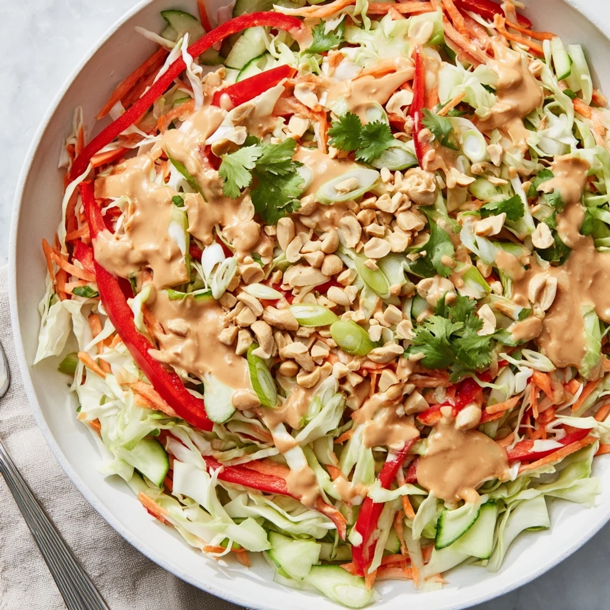 Bowl of simple Thai salad peanut sauce showcasing shredded veggies coated in rich creamy dressing with garnish