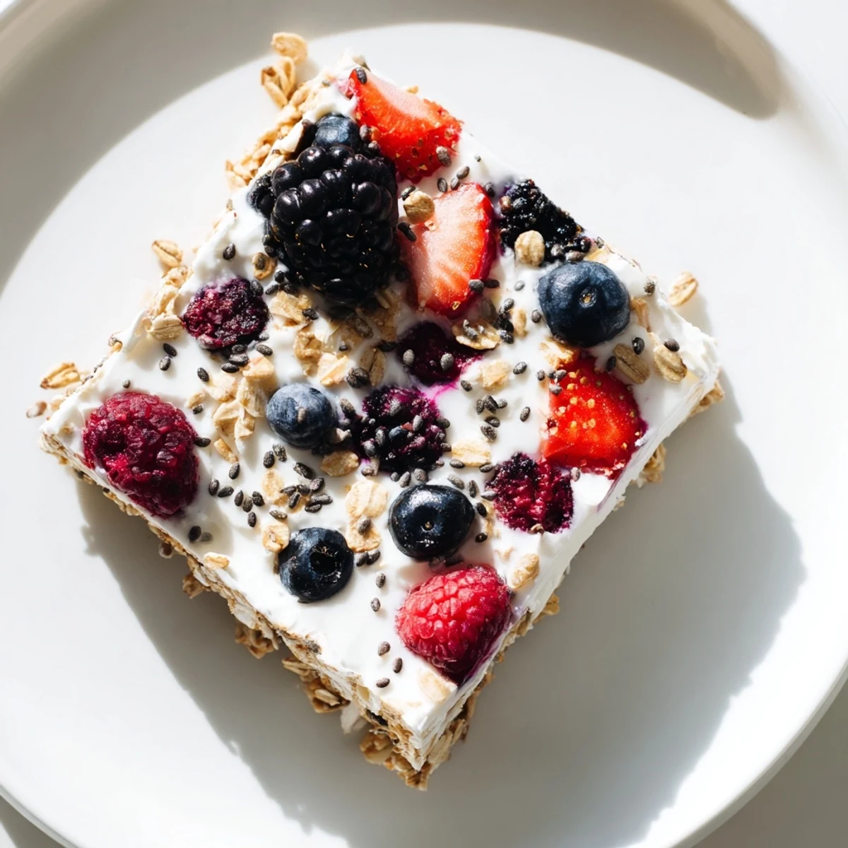 No bake frozen yogurt berry granola bars layered with vibrant red berries atop creamy white yogurt
