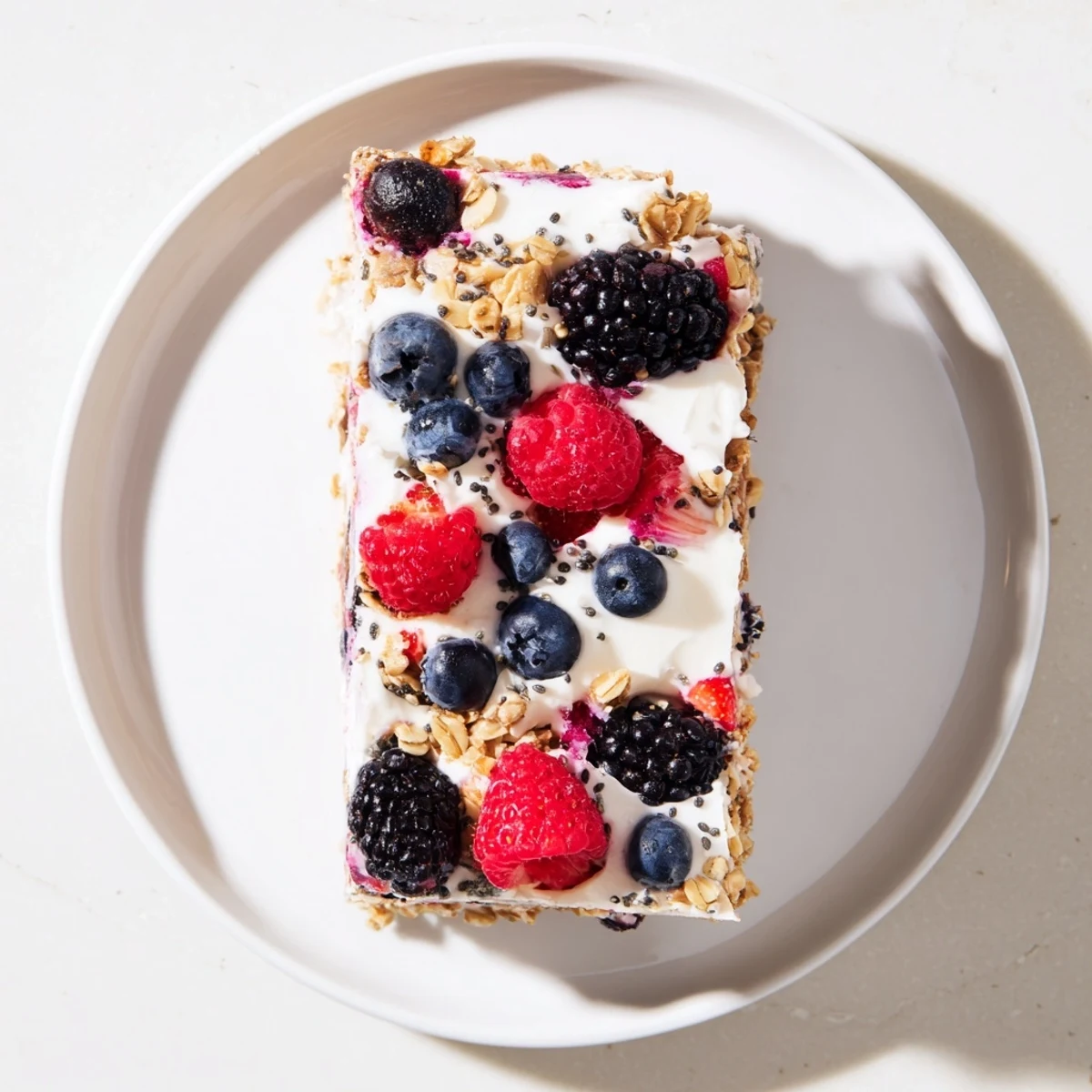 Square no bake frozen yogurt bars with colorful blueberries and raspberries scattered over smooth yogurt layer