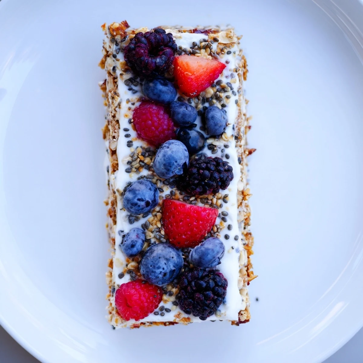 Sliced healthy frozen yogurt berry granola bars showcasing crunchy granola base topped with fresh mixed berries