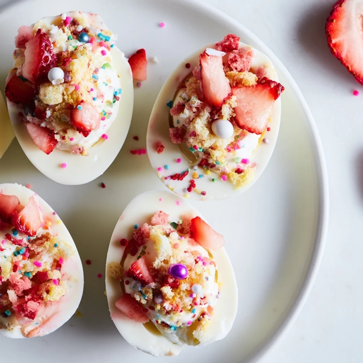 White chocolate Easter egg bombs filled with creamy strawberry shortcake mixture and colorful sprinkles on a decorative plate