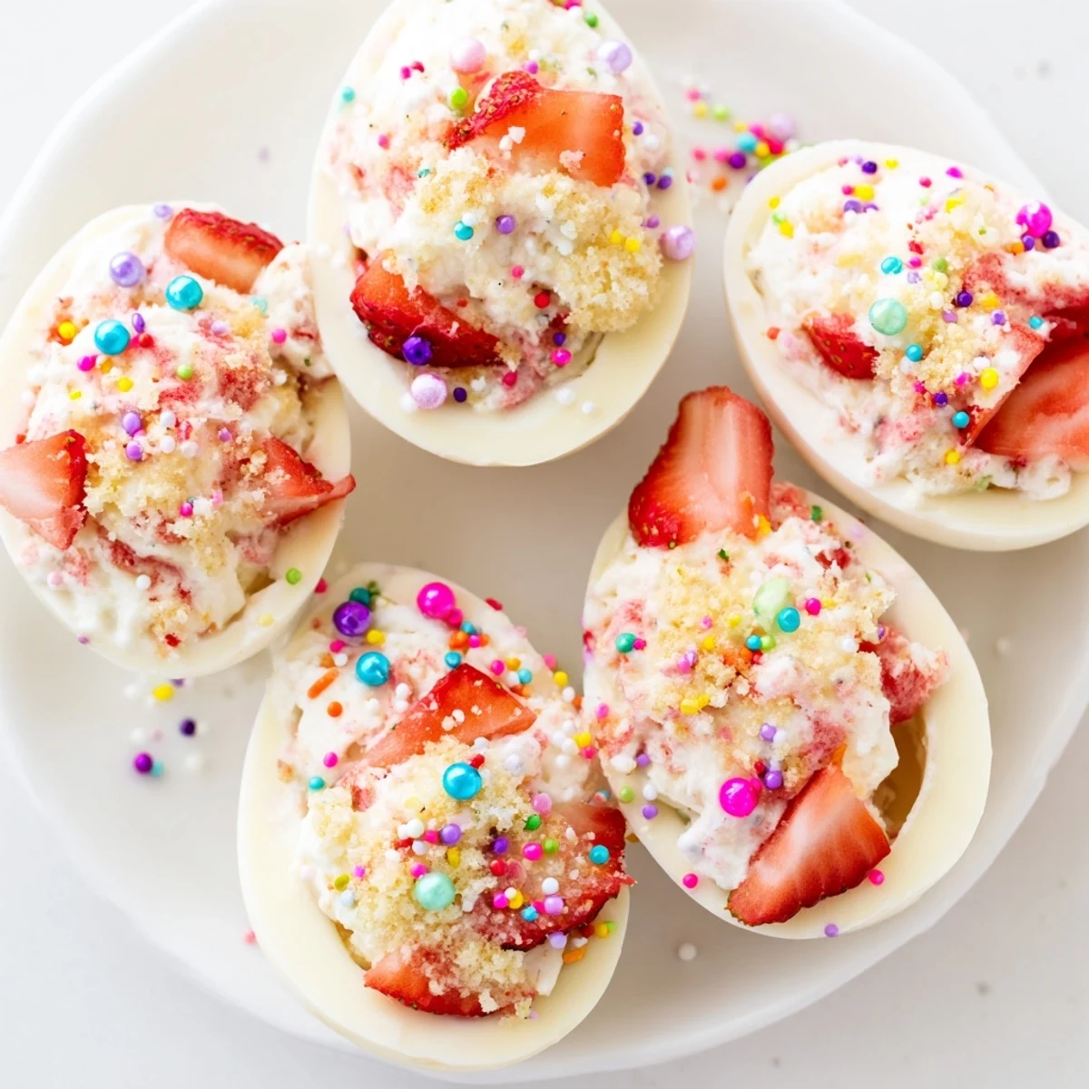 Pastel strawberry shortcake Easter egg bombs featuring whipped cream filling and fresh strawberries inside smooth white chocolate shells