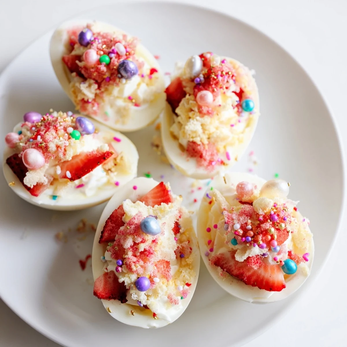 Festive Easter dessert bombs showcasing strawberry shortcake filling nestled within white chocolate egg halves topped with edible decorations